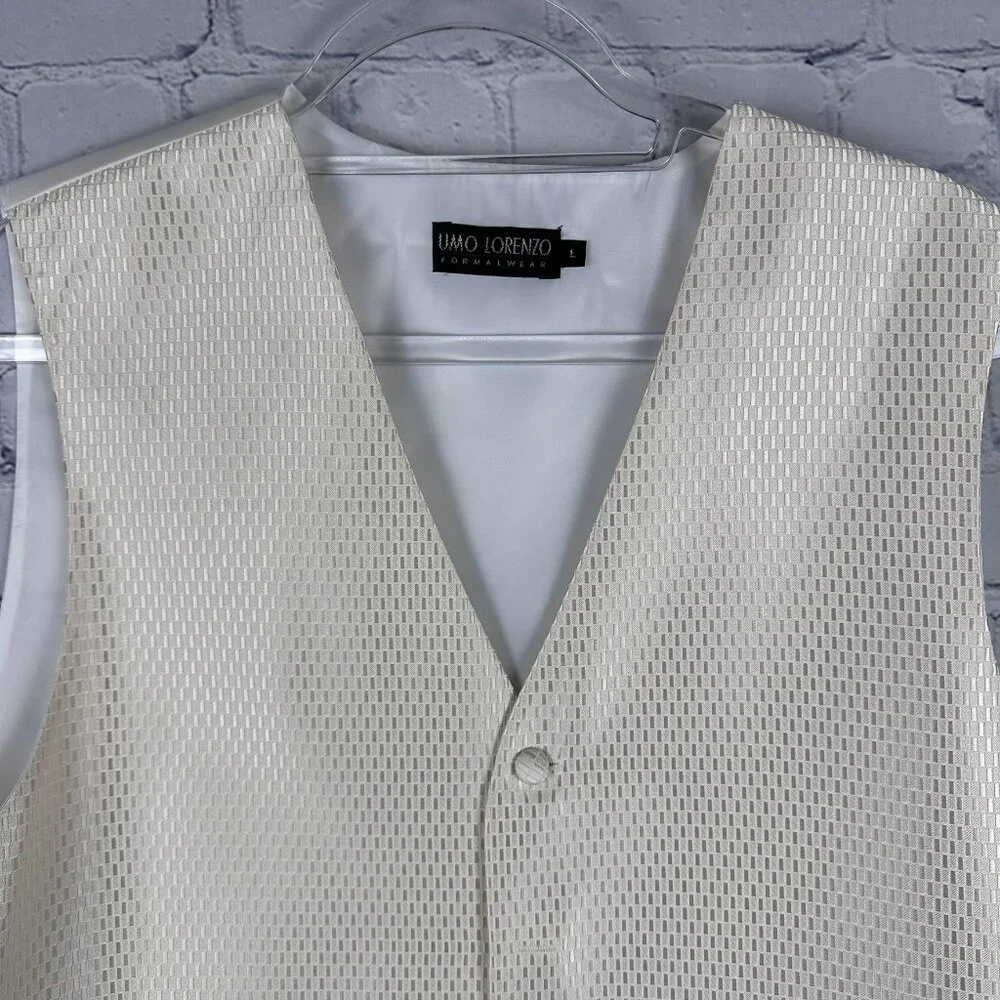 Umo Lorenzo Men's Textured Geometric Print Satin Lined Formal Vest Size L, Cream